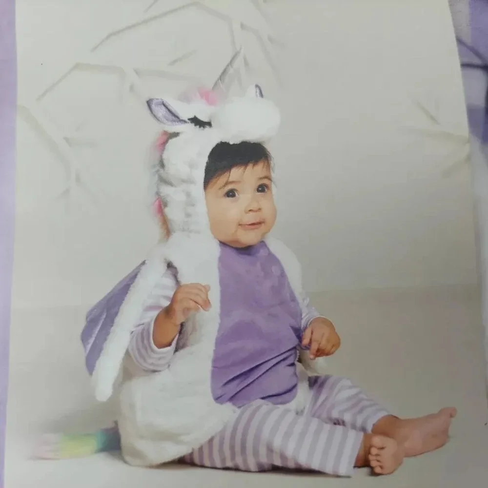 Unicorn Costume Baby 0-6M White Purple Hooded Wings Storybook Fantasy‎ Dress Up